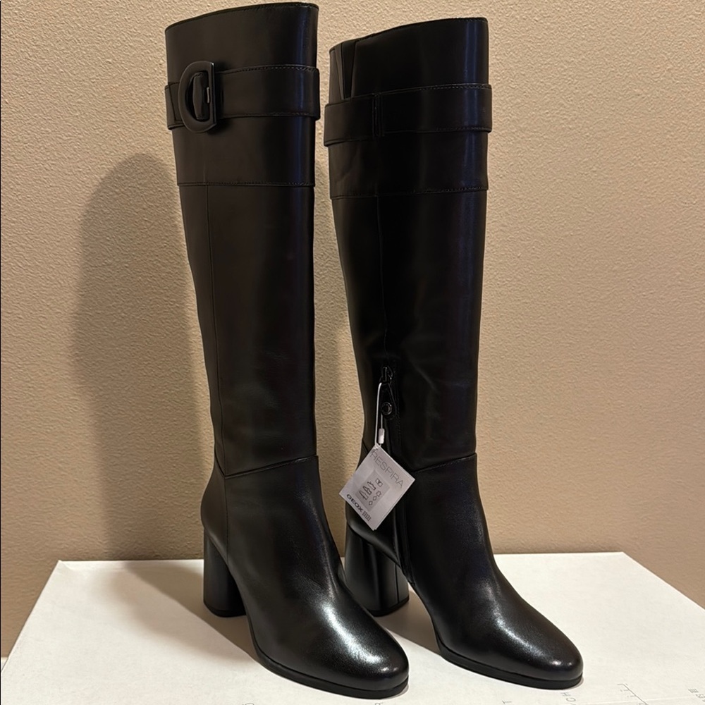 Geox Black Heeled Italian Leather Riding Boots Sleek Design US 8.5 - Picture 8 of 15